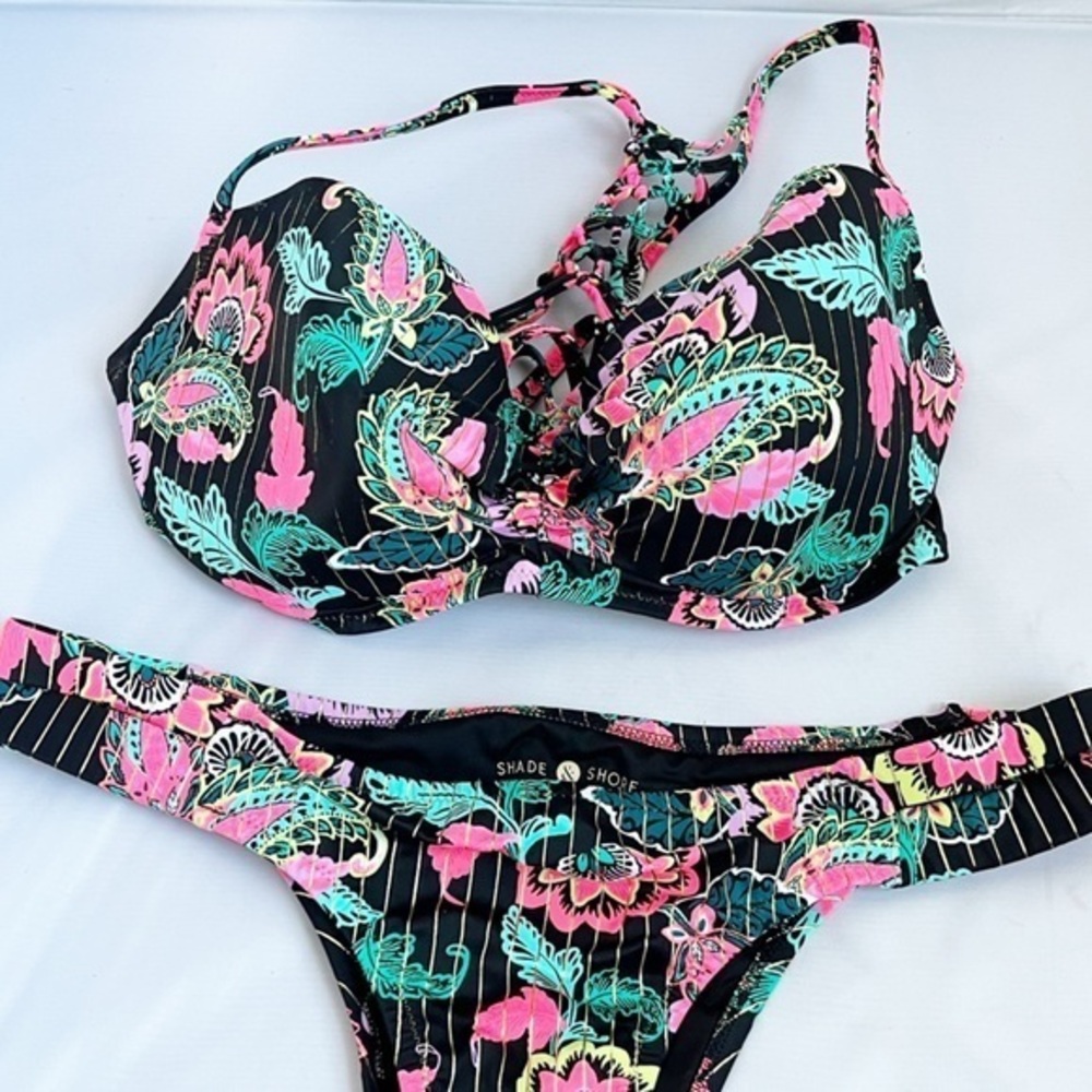 Shade & Shore bikini top 36D underwire black pink metallic